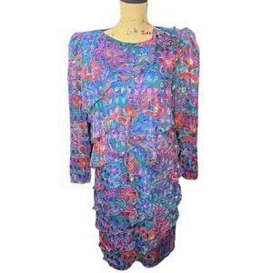$20 Vintage 80s Colorful Floral Botanical Ruffled Party Dress